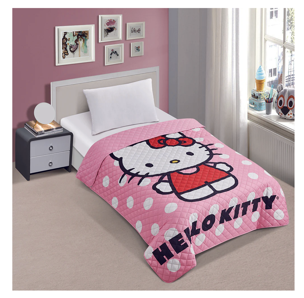 Pink Hello Kitty Polka Dots Twin Quilted Bedspread Only