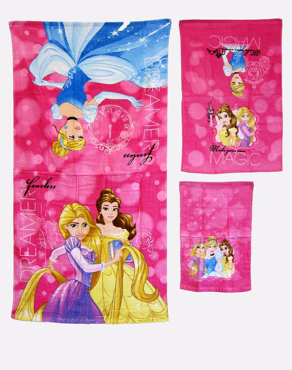 Disney Princess 3 Pieces Bath 100% Cotton Kids Towel Set