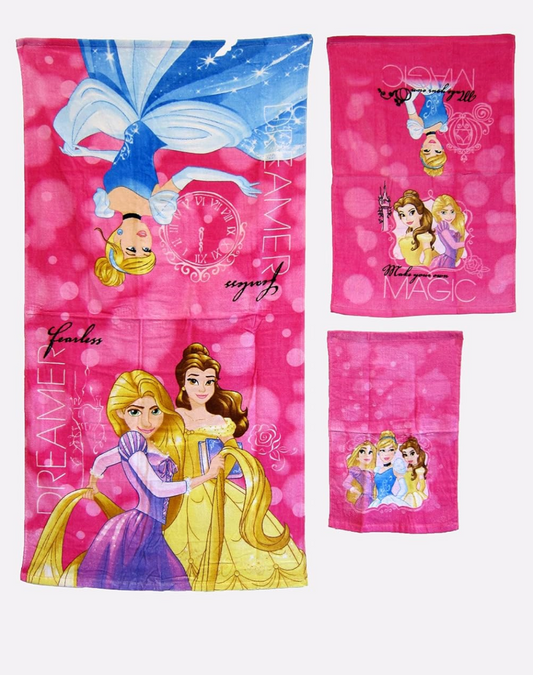 Disney Princess 3 Pieces Bath 100% Cotton Kids Towel Set