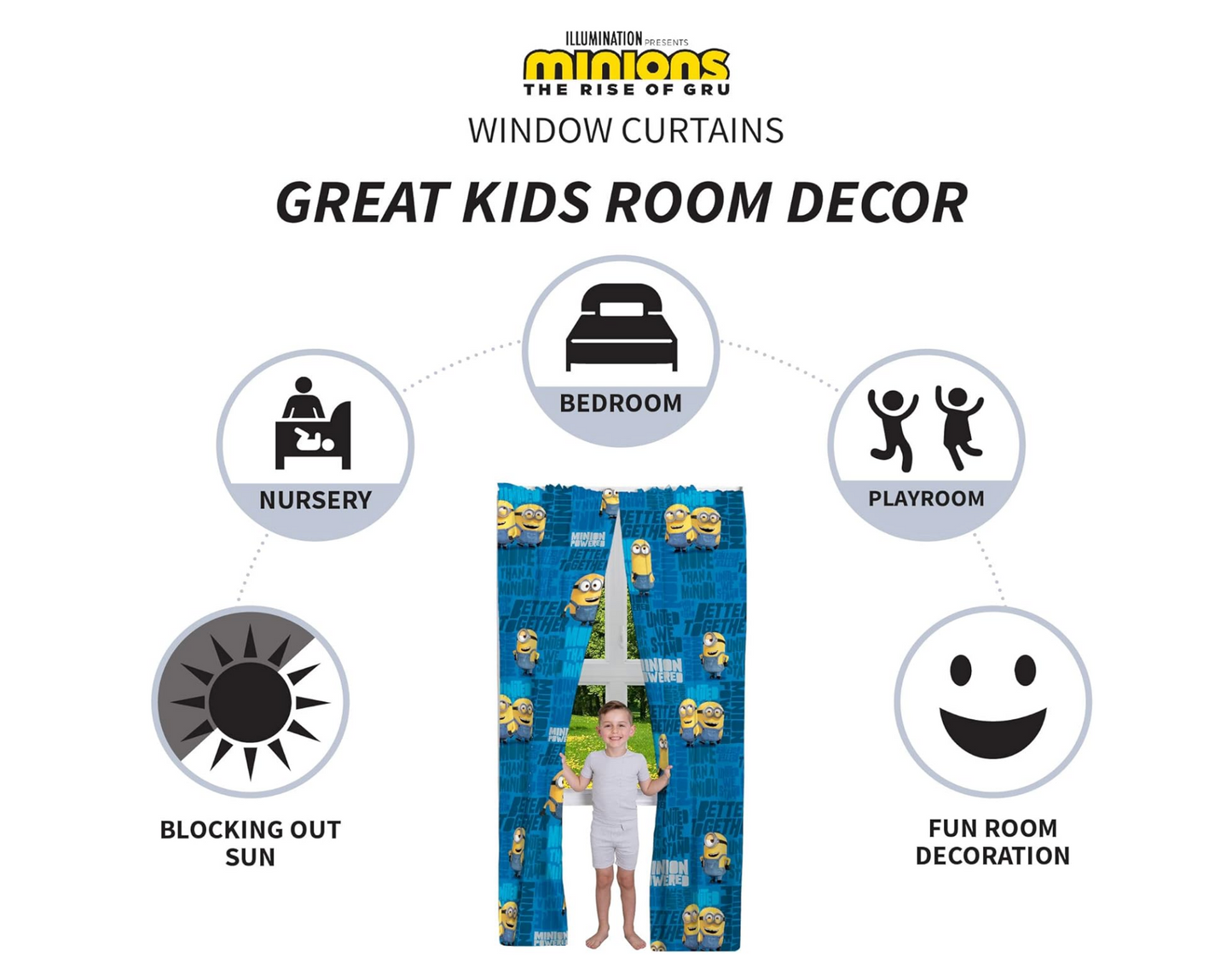 Minions: The Rise Of Gru, Kids Room Window Curtains Drapes Set, 82 In X 84 In