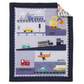 NoJo Transportation Trails Navy, Red, and Yellow Busy Cars, Trucks, Fire Engines 4 Piece Nursery Crib Bedding Set