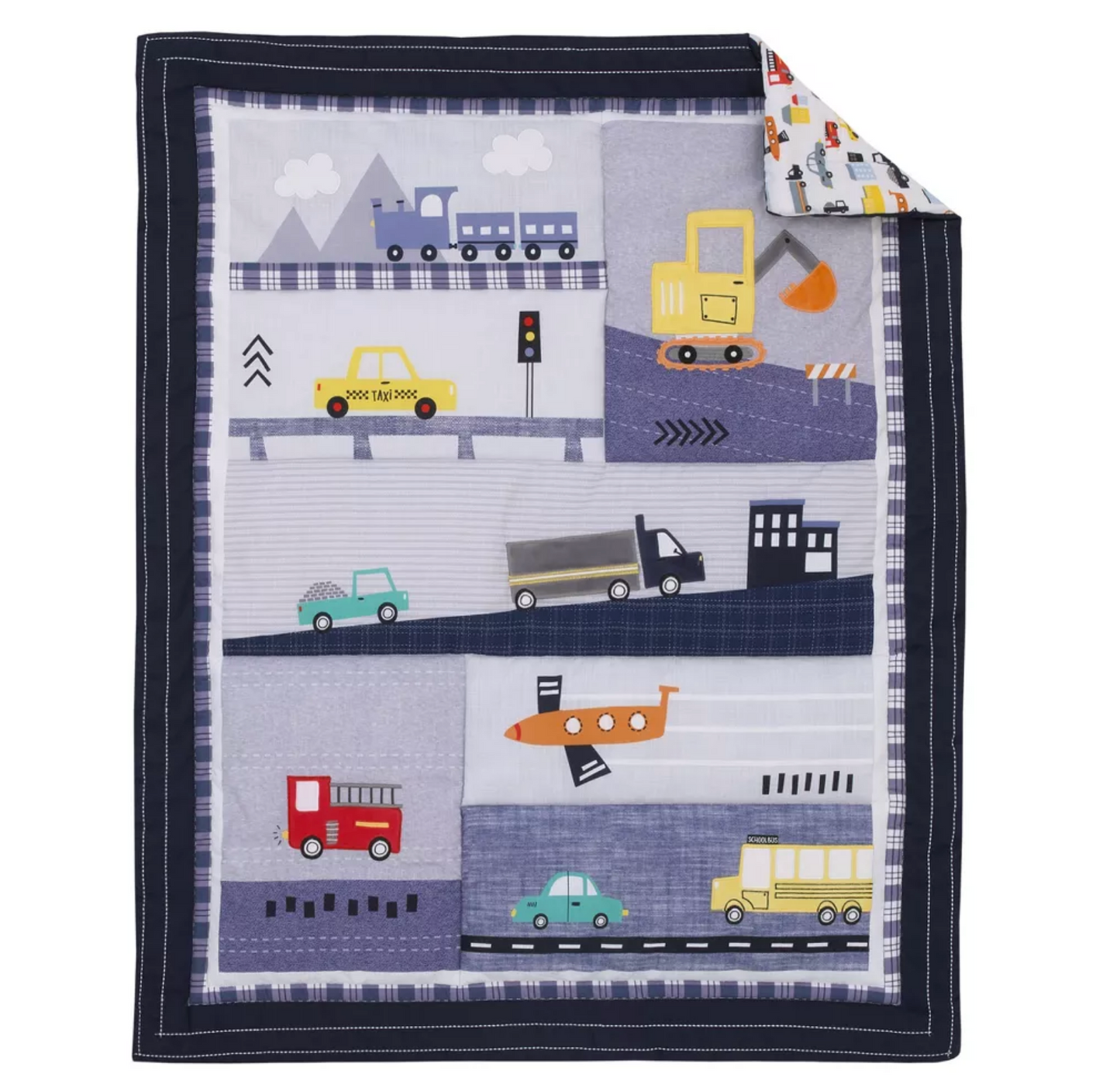 NoJo Transportation Trails Navy, Red, and Yellow Busy Cars, Trucks, Fire Engines 4 Piece Nursery Crib Bedding Set