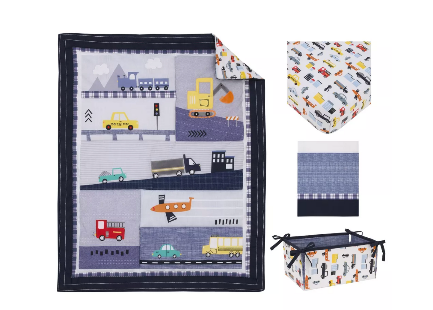NoJo Transportation Trails Navy, Red, and Yellow Busy Cars, Trucks, Fire Engines 4 Piece Nursery Crib Bedding Set
