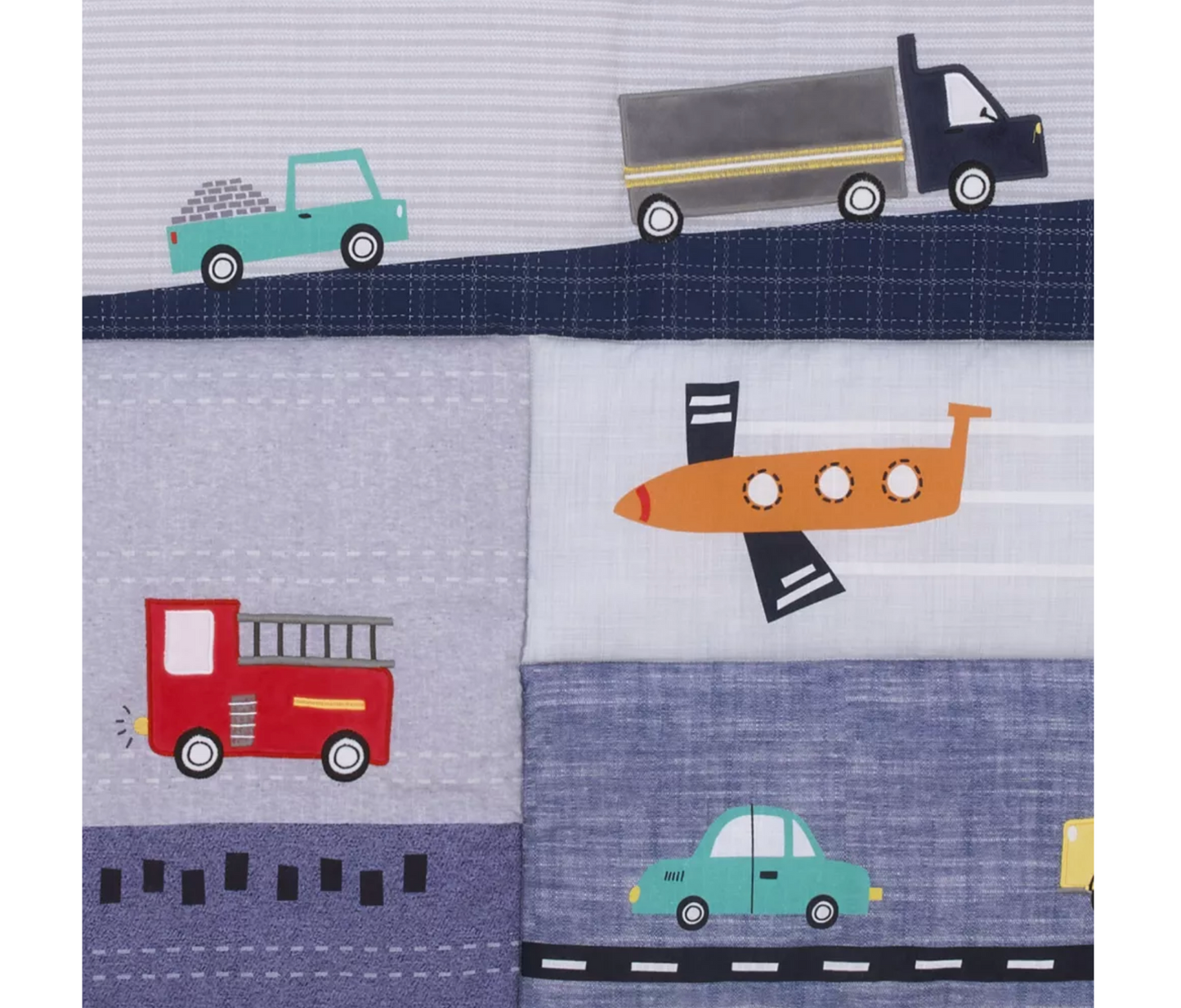 NoJo Transportation Trails Navy, Red, and Yellow Busy Cars, Trucks, Fire Engines 4 Piece Nursery Crib Bedding Set