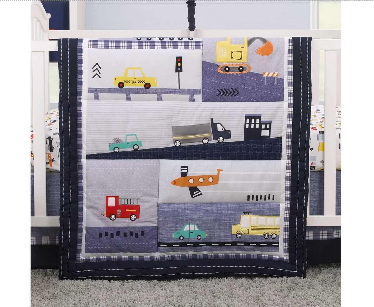 NoJo Transportation Trails Navy, Red, and Yellow Busy Cars, Trucks, Fire Engines 4 Piece Nursery Crib Bedding Set