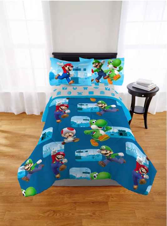 5 pieces Twin Super Mario Bed in a Bag Bedding Set Reversible Comforter