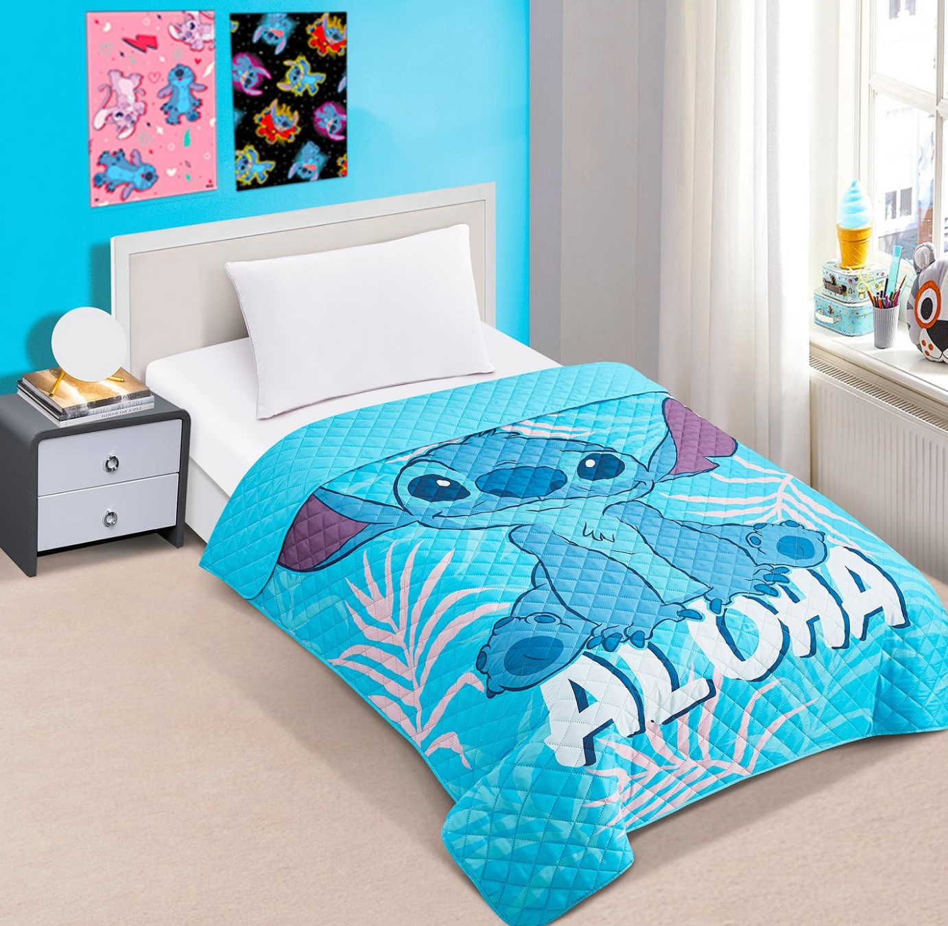 Lilo and Stitch Twin Bedding Bedspread, Flat Sheet, Fitted Sheet Pillowcase 4 Pieces Set