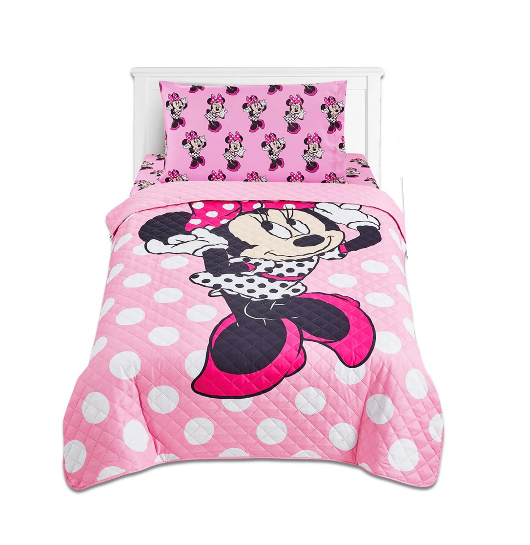 Minnie Mouse Twin Bedding Bedspread, Flat Sheet, Fitted Sheet Pillowcase 4 Pieces Set