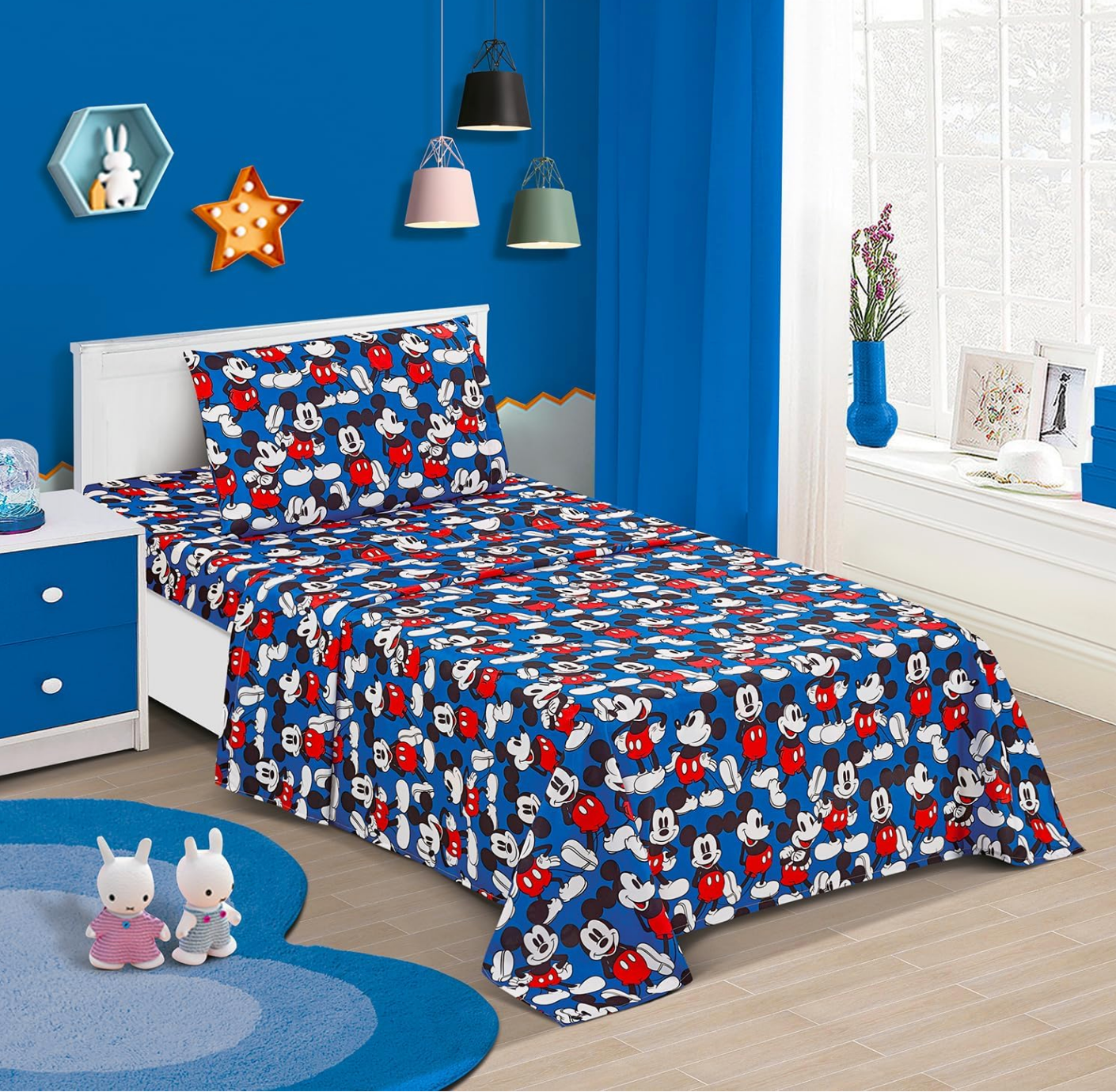 Mickey Mouse Twin Bedding Bedspread, Flat Sheet, Fitted Sheet Pillowcase 4 Pieces Set