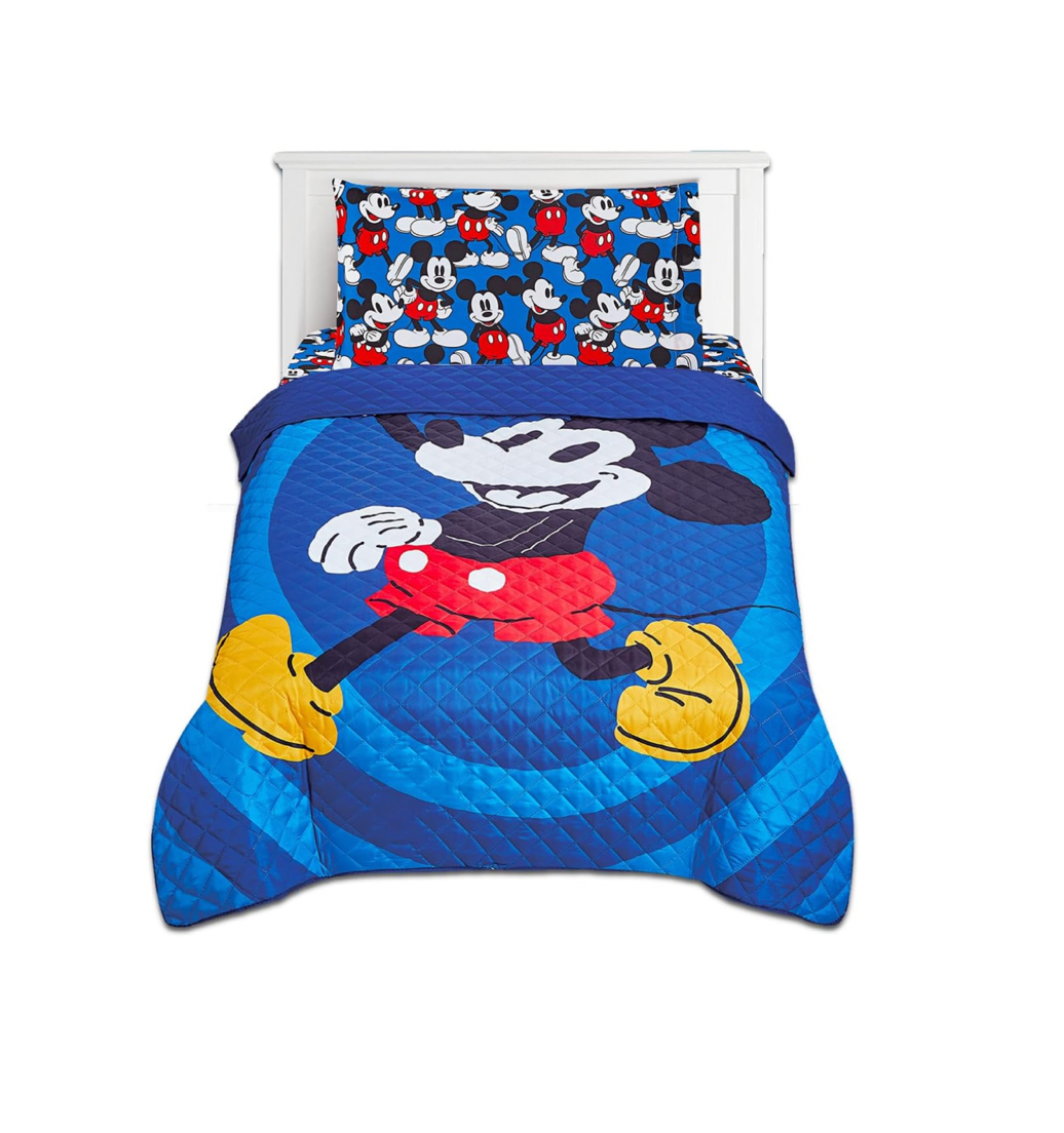 Mickey Mouse Twin Bedding Bedspread, Flat Sheet, Fitted Sheet Pillowcase 4 Pieces Set