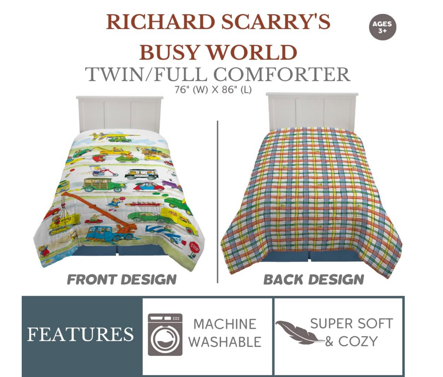 Richard Scarry's Busy World Book Kids Reversible Comforter, Twin/Full
