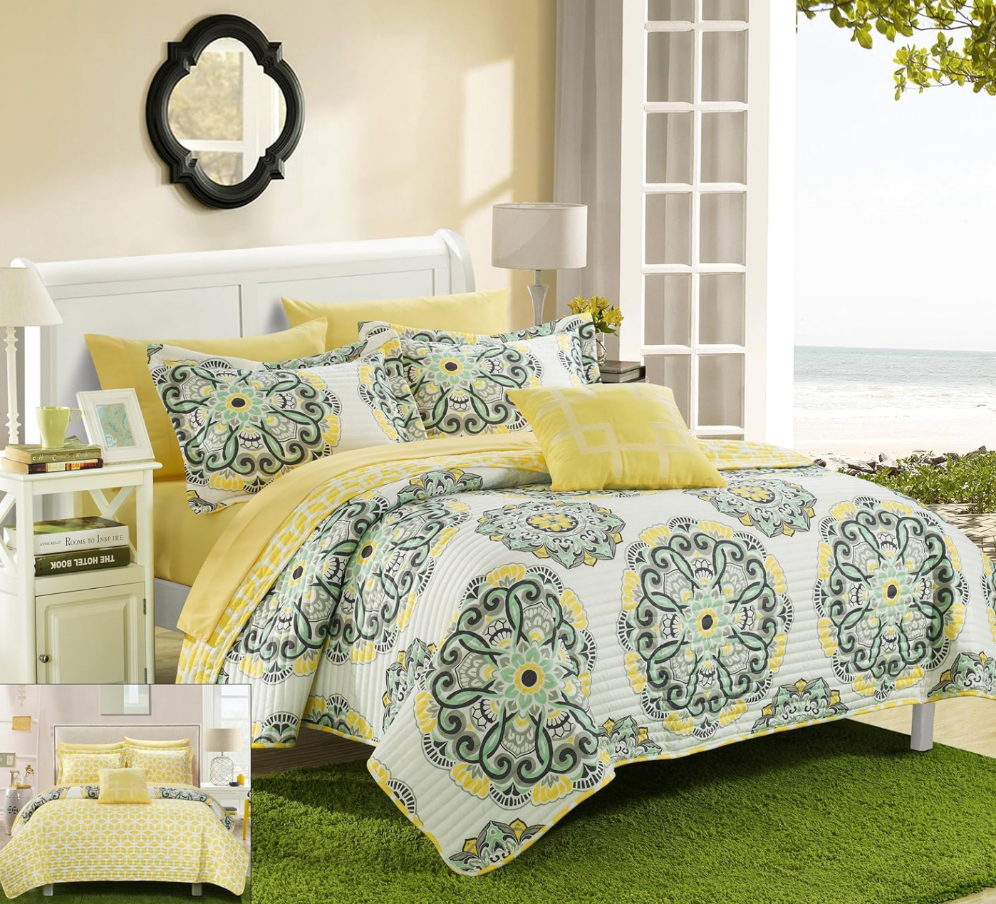 Reversible Yellow Twin Size (3 Piece) Bedding Quilt, Pillow Sham and Decorative Pillow