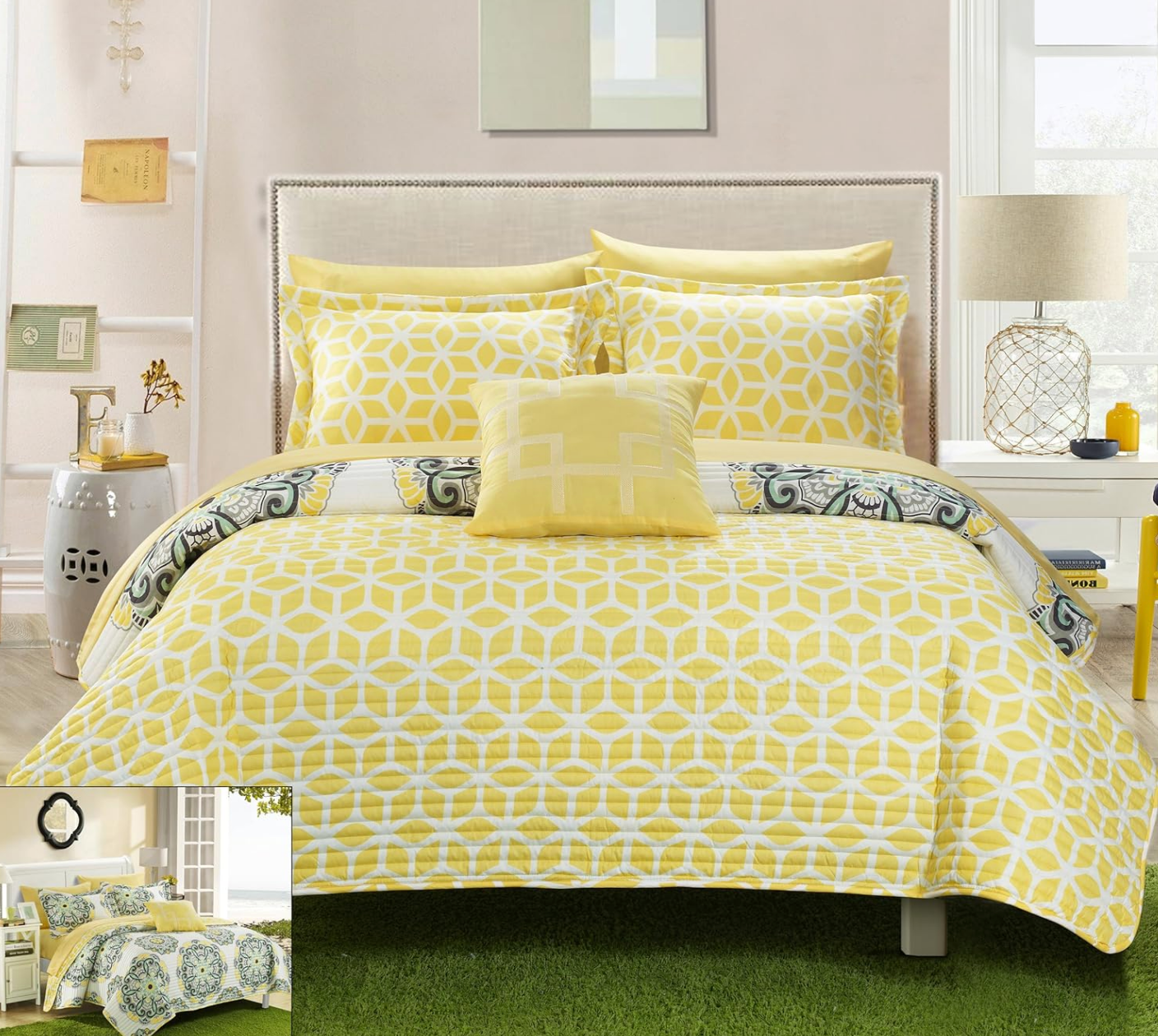 Reversible Yellow Twin Size (3 Piece) Bedding Quilt, Pillow Sham and Decorative Pillow