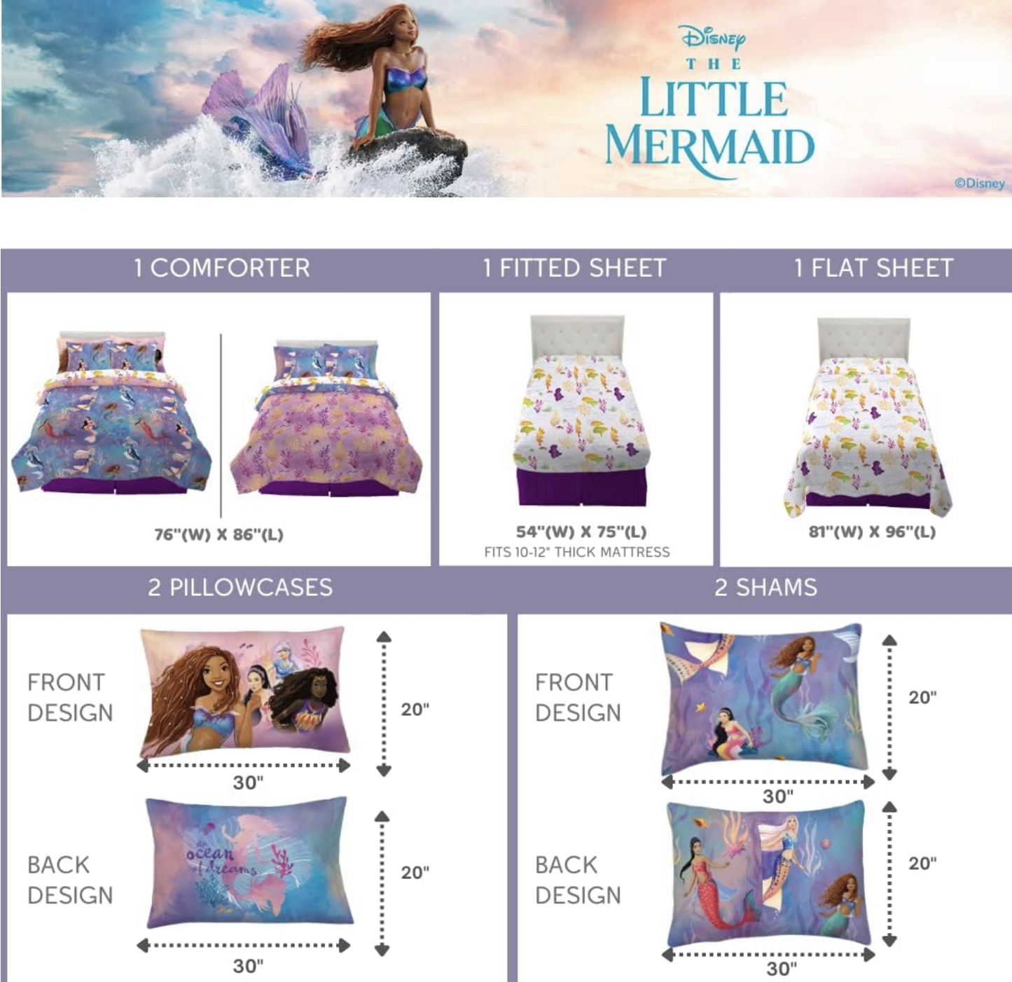 Franco Disney Princess Ariel The Little Mermaid Live Action Movie Ariel Kids Bedding Full Comforter 7 pc Set