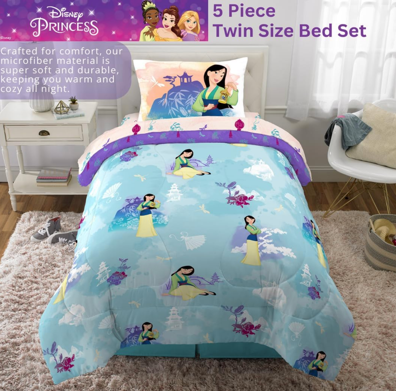 Jay Franco Disney Princess Mulan Bedding Comforter and Sheet Set, Twin