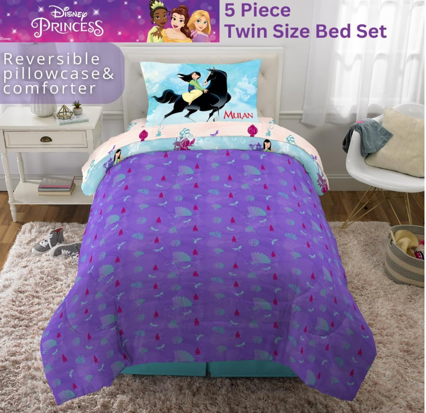 Jay Franco Disney Princess Mulan Bedding Comforter and Sheet Set, Twin