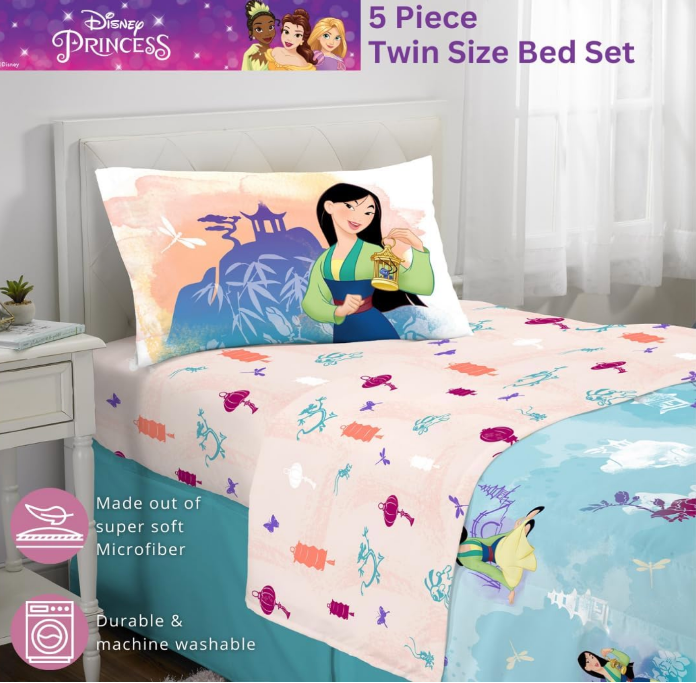 Jay Franco Disney Princess Mulan Bedding Comforter and Sheet Set, Twin