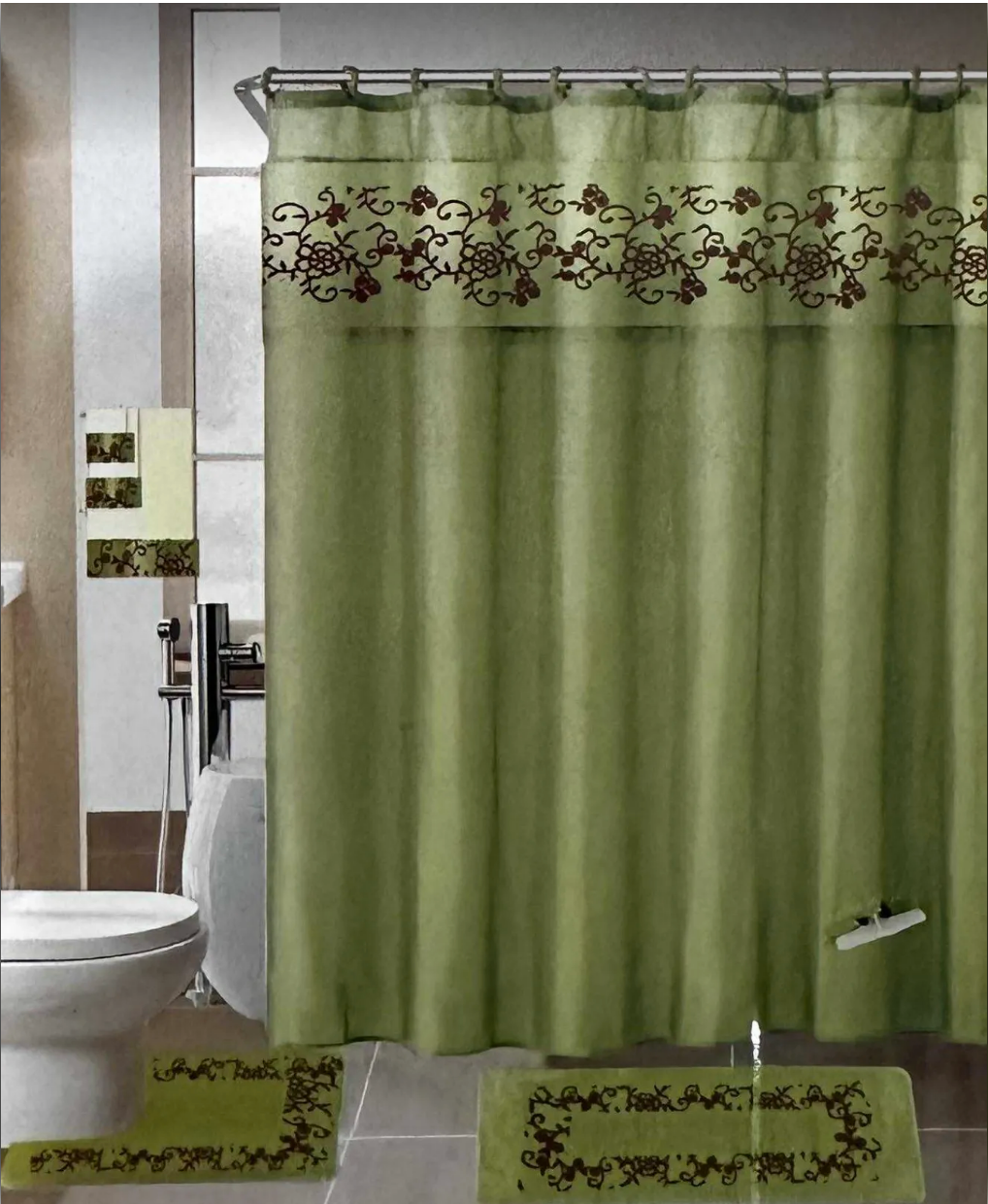 18 Piece Bath Rugs,  Shower Curtain, Hooks, Towel Set Sage Green