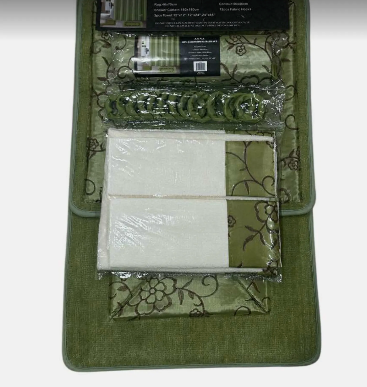 18 Piece Bath Rugs,  Shower Curtain, Hooks, Towel Set Sage Green
