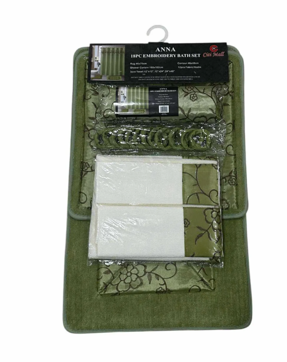 18 Piece Bath Rugs,  Shower Curtain, Hooks, Towel Set Sage Green