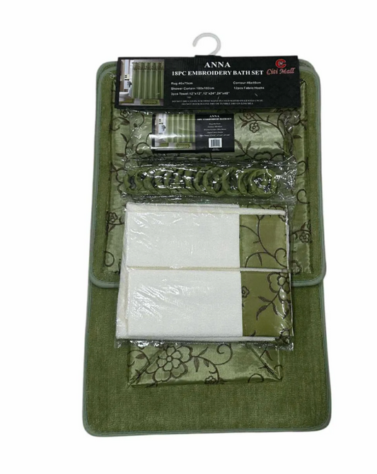 18 Piece Bath Rugs,  Shower Curtain, Hooks, Towel Set Sage Green