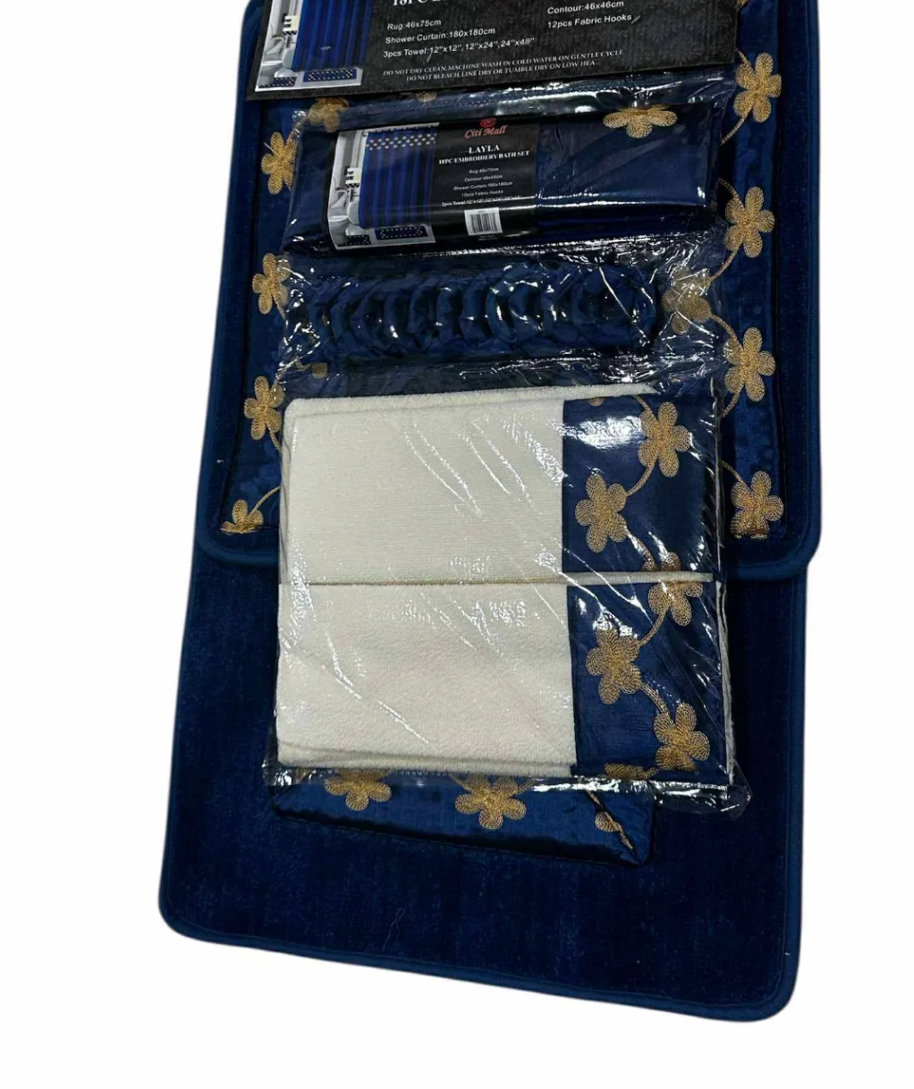 18 Piece Bath Rugs,  Shower Curtain, Hooks, Towel Set Navy Blue