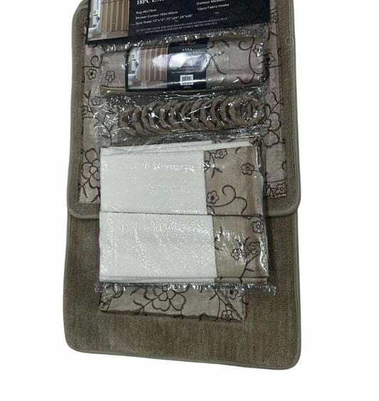 18 Piece Bath Rugs,  Shower Curtain, Hooks, Towel Set Light Brown - Taupe