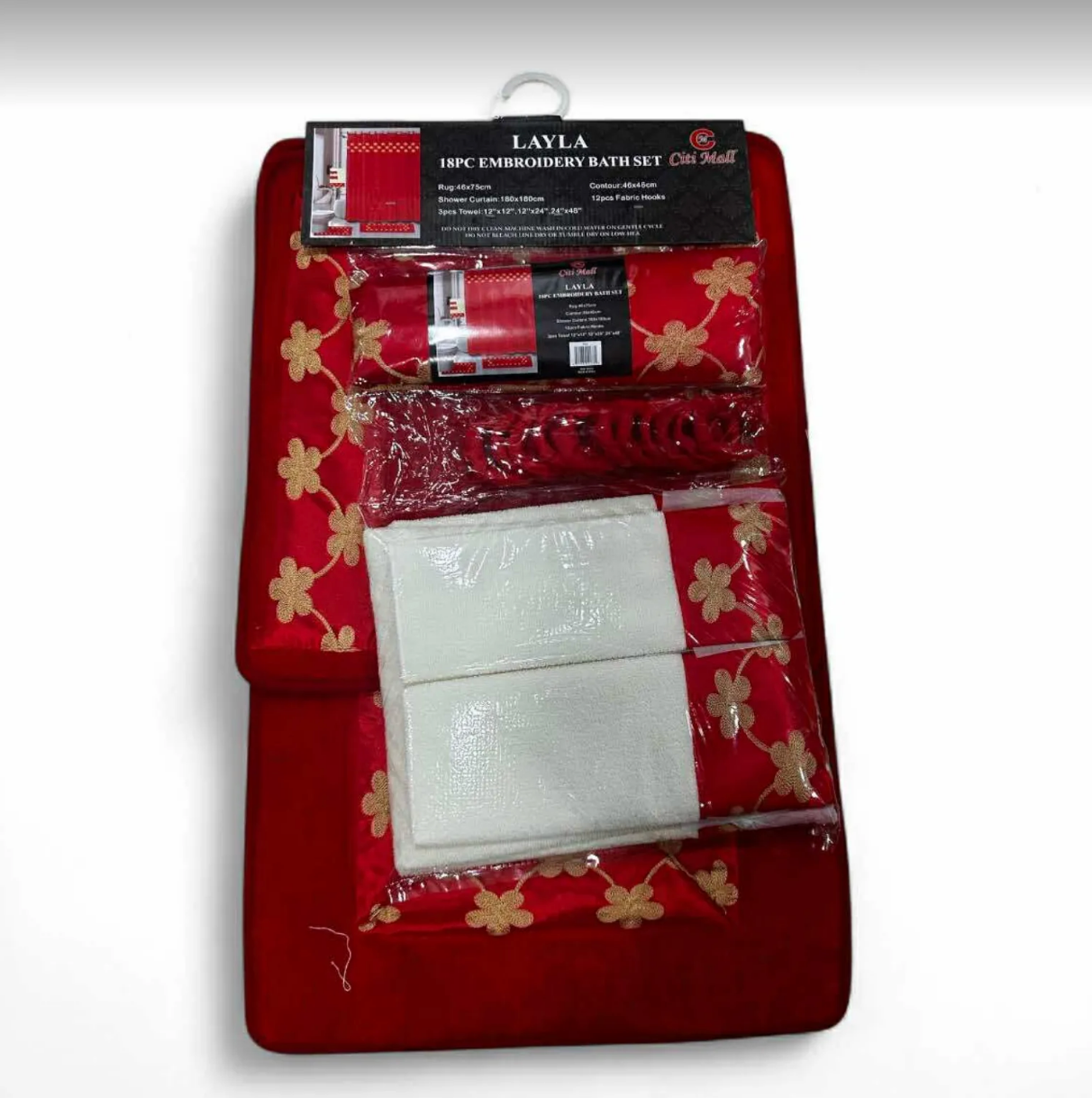 18 Piece Bath Rugs,  Shower Curtain, Hooks, Towel Set Red