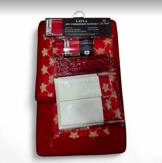 18 Piece Bath Rugs,  Shower Curtain, Hooks, Towel Set Red