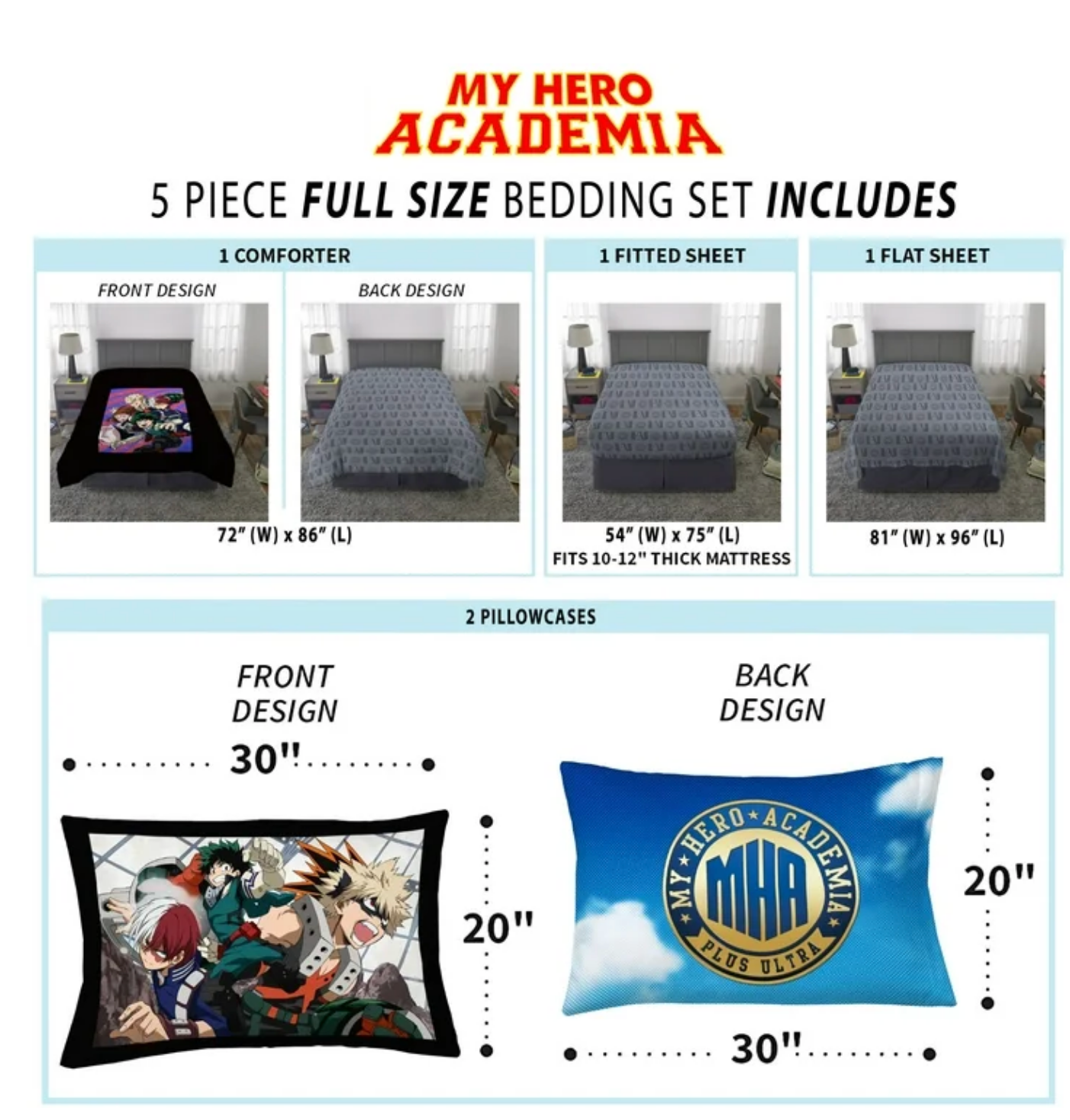 Jay Franco My Hero Academia Anime Full Comforter Set - 5 Piece Bedding Includes Sheet Set & Pillowcases