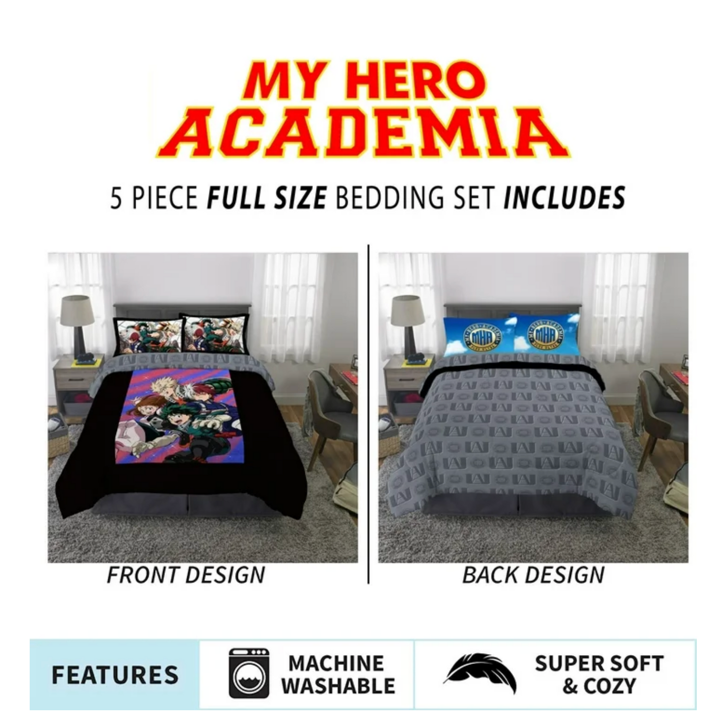 Jay Franco My Hero Academia Anime Full Comforter Set - 5 Piece Bedding Includes Sheet Set & Pillowcases