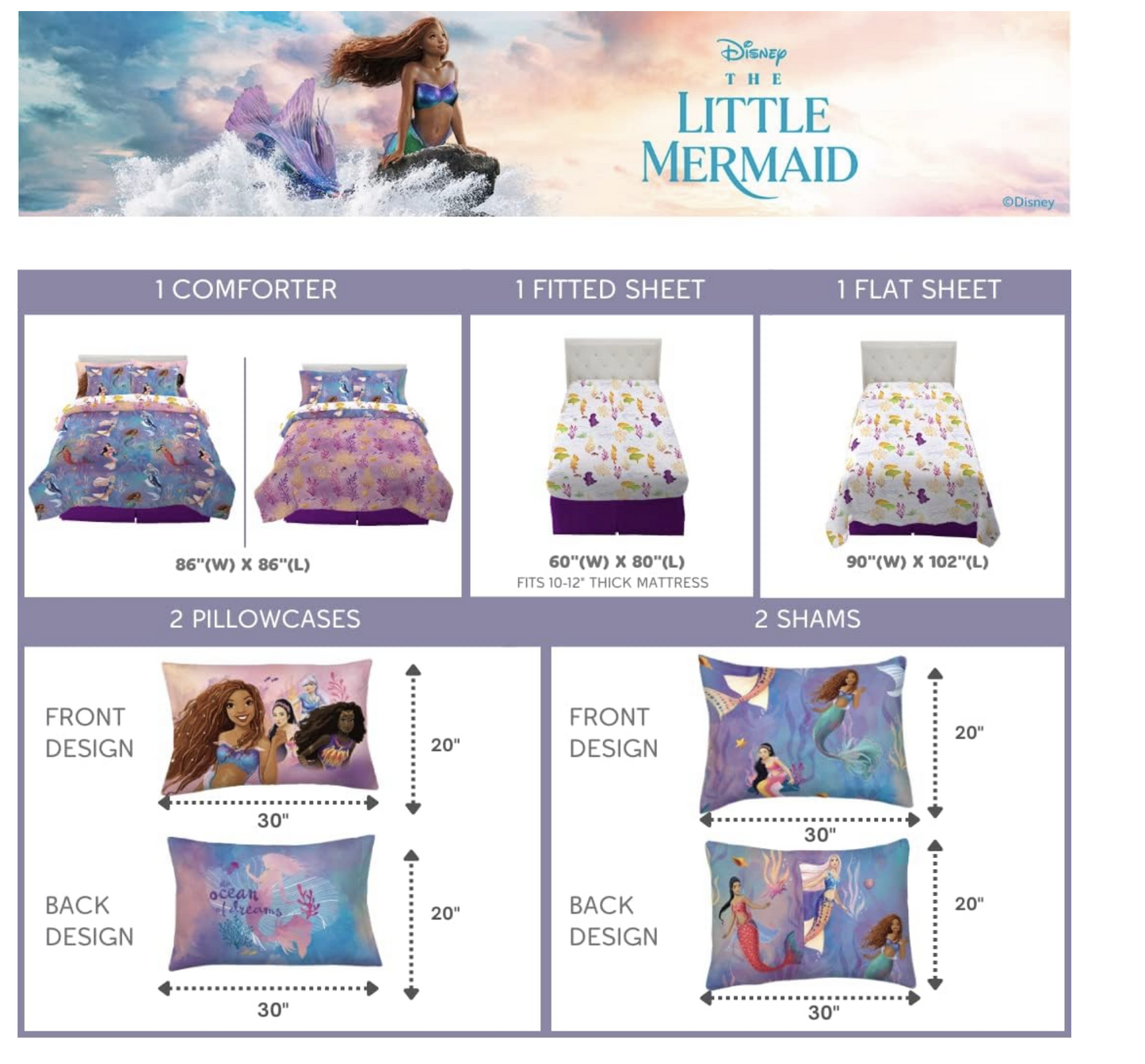 Franco Disney Princess Ariel The Little Mermaid Live Action Movie Ariel Kids Bedding Queen Comforter 7 pc Set