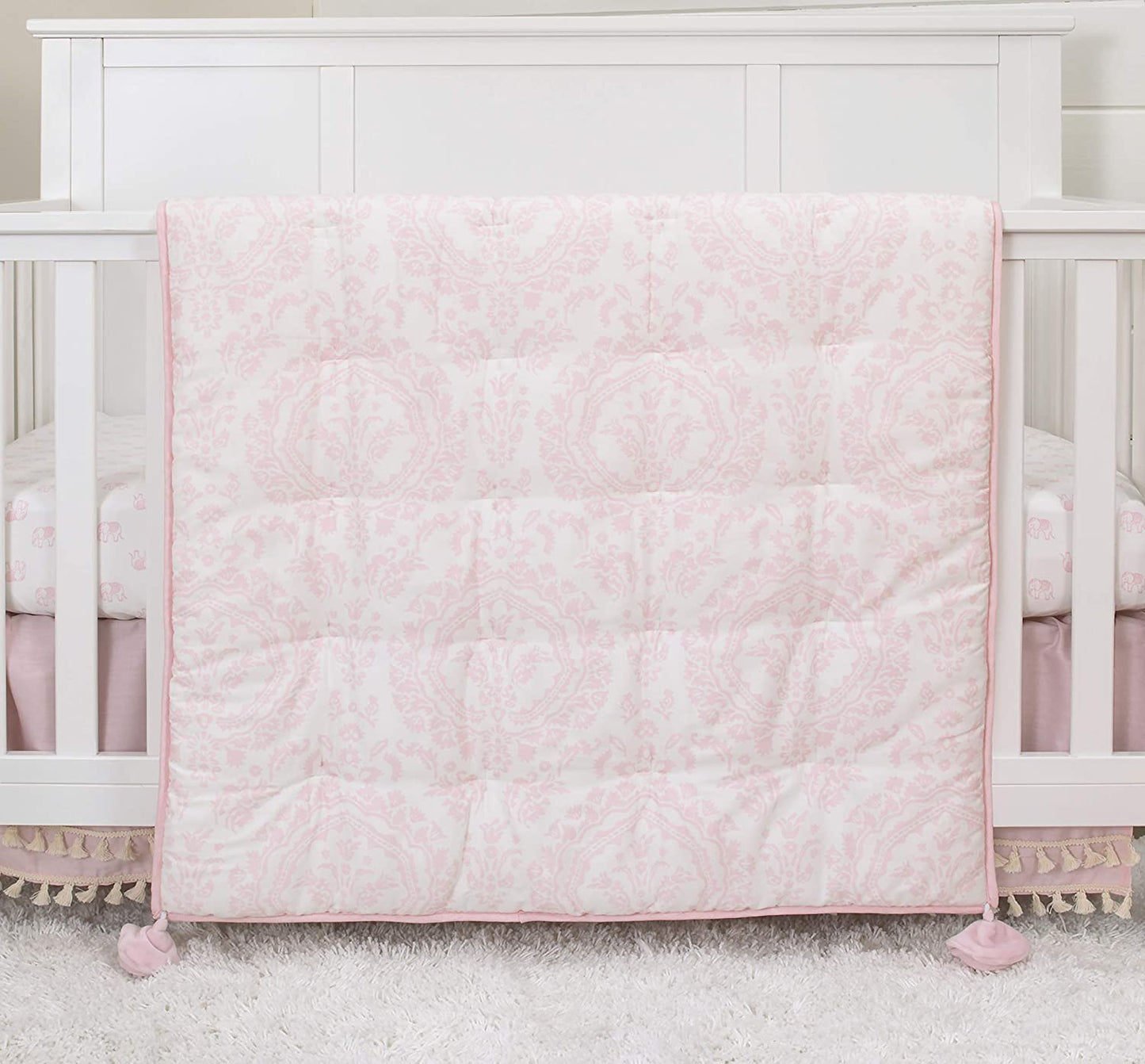 NoJo Serendipity Elephant Medallion 100% Cotton Crib Baby Comforter, Pink/Ivory