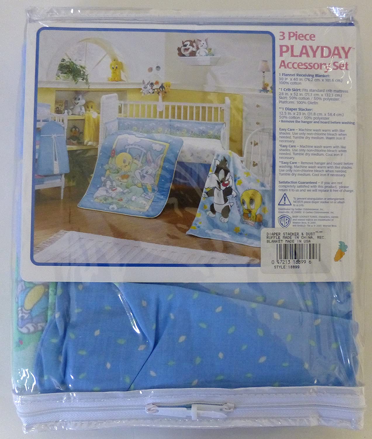 Baby Looney Tunes 3 Piece Playday Accessory Set - Crib Skirt, Flannel Receiving Blanket, Diaper Stacker