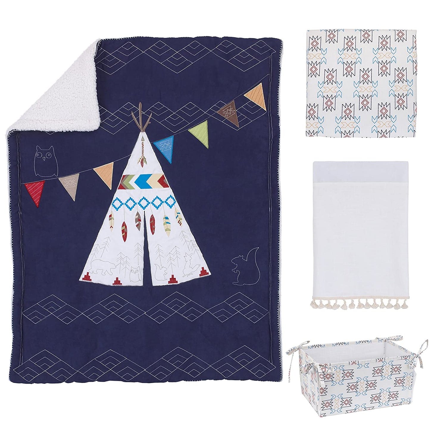 NoJo Teepee Tribal Crib Bedding, 4 Piece Set, Navy, Red, Ivory