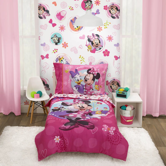 Disney Minnie Mouse 4-Piece Happy Helper Toddler Bedding Set Toddler Bed, Pink