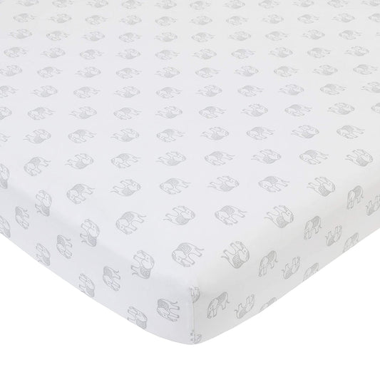 NoJo Serendipity Grey Elephant Print 100% Cotton Fitted Crib Sheet, White Grey